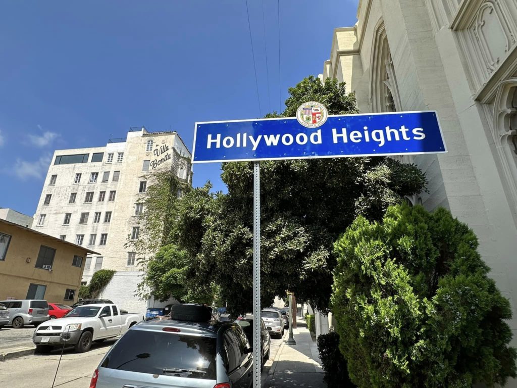 Official Hollywood Heights Los Angeles neighborhood sign at Franklin and Hillcrest