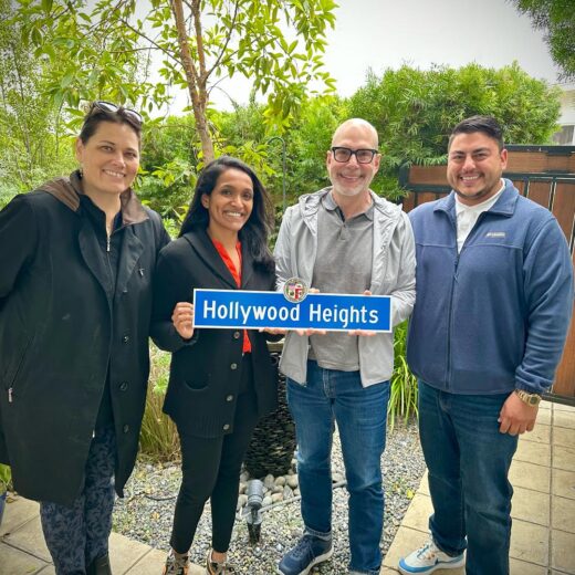 Nithya Raman, Todd Henricks, Lesley Holmes, and Josef Shiroky celebrate installation of official Hollywood Heights neighborhood signs.